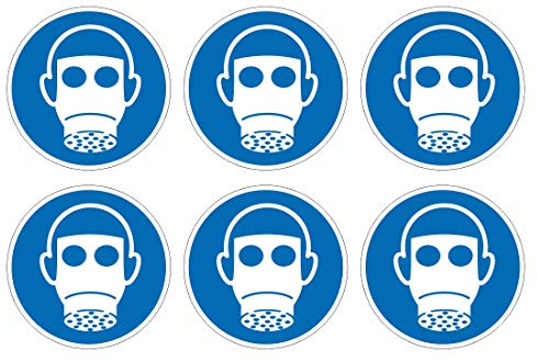 Wear respiratory protection mandatory symbols safety sign pack - Set of 6 - Size 90mm diameter - Self adhesive vinyl sticker - Denotes specific actions that must be adhered to