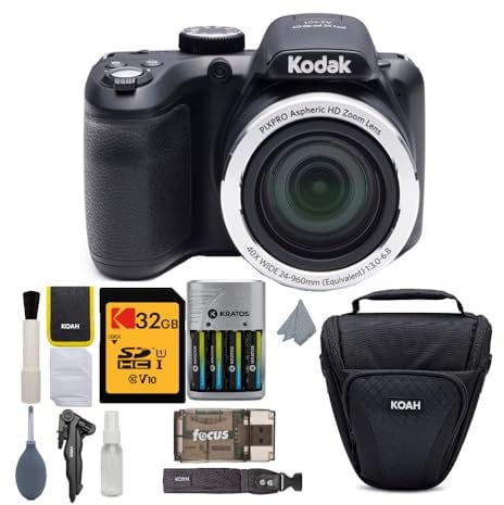 Kodak PIXPRO AZ401 Astro Zoom Digital Camera (Black) with 32GB Memory Card, Rapid Charger with 4 AA Batteries, and Koah Holster Case with Accessory Bundle (5 Items)