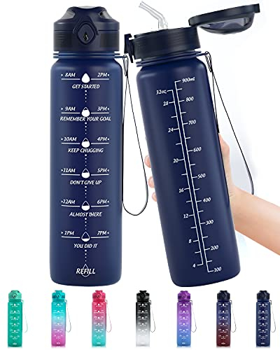 Lunidry Gourde 1L Sport, Bouteille d'eau avec Paille et Marqueur de Temps, Tritan Plastique sans BPA, Gourde Reutilisable pour Enfant, Adulte, Camping, Running, Randonnée