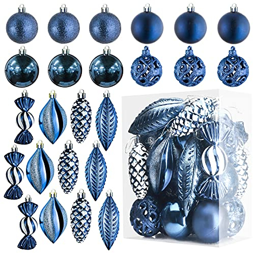 Prextex Midnight Blue 24-Piece Shatterproof Christmas Ball Ornaments The Perfect Glitter Balls, Christmas Tree Baubles Christmas Decorations, Exquisite Xmas Combo of 8 Christmas Balls and Shape Styles
