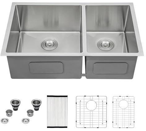 Mocoloo 33 Inch Undermount Kitchen Sink Double Bowl - 60/40 Stainless Steel Double Bowl Under Counter 16 Gauge Kitchen Sinks Handmade, 33x19x10 Inch