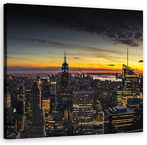 Feeby Vlies Leinwandbild XXL Manhattan bei Nacht New York City Wolkenkratzer 80x80 cm Wandbild Kunst Bilder Schlafzimmer Deko Wohnzimmer Skyline NYC USA Empire State Building Orange