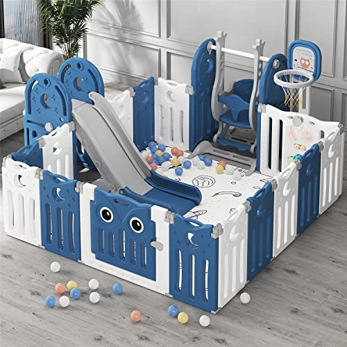 HUMNZR Laufgitter Groß Spielgitter aus HDPE-Material, BPA-frei, Laufstall 4-eckig, kein Schrauben erforderlich, Baby Krabbelgitter mit Tür und Spielzeugboard,Blue