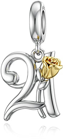 LANBEIDE Sterling Silver Beads for Pandora,21st Dangle Charms for Bracelet with Gold Rose Flower Birthday Present for Her Women