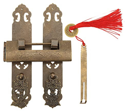 Juego de Cerraduras Antiguas Chinas, Juego de Manijas de Candado Antiguas Decorativas Cerradura y Llave Vintage, Juego de Tiradores de Tiras de Placa Posterior de Gabinete Chino Cerradura de Candado