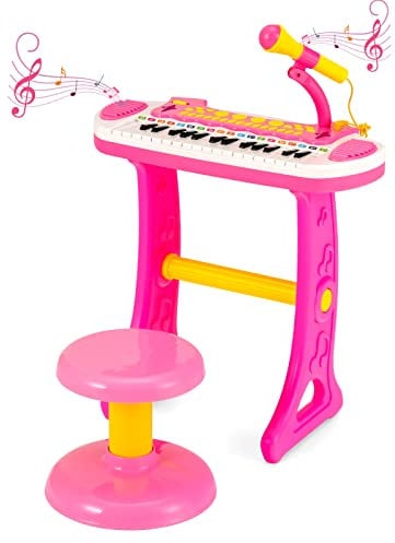 COSTWAY 31-Key Kids Electronic Keyboard with Stool, Microphone, Flashing Lights, Recording & Playback Function, Musical Instrument Toy Piano for Boys Girls (Pink)