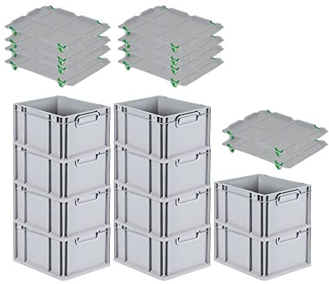 PROREGAL SparSet 10x Eurobox NextGen Grip mit Auflagedeckel & 4 grünen Schiebeschnappverschlüssen, HxBxT 22x30x40cm, 20 L, Grau, Griffe geschlossen, Eurobehälter, Transportbox