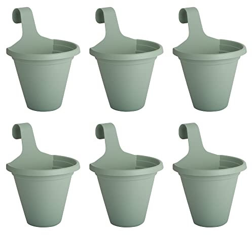 Clever Pots 6x Hanging Plant/Flower Pots Planters, with Self Watering Reservoir, Outdoor Plastic Pot for Garden Fence and Balcony Railing Decoration, Sage