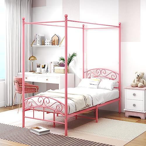 ARFARLY Himmelbett Bettgestell Doppelbett Metallbett Bettrahmen Lattenrost Schlafzimmerbett Schlafzimmermöbel Ehebett Rosa 90x200cm
