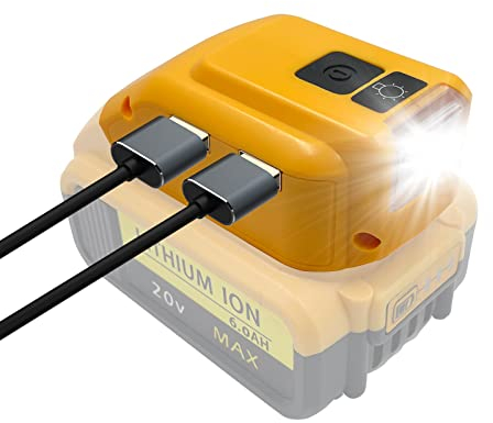TEPULAS Batterieadapter für Dewalt 14,4 V/18 V/20 V Lithium-Ionen-Akku, tragbarer Stromquellenadapter mit Dual-USB-Anschlüssen & DC-Anschluss & LED-Licht, Netzteil kompatibel mit Dewallt DCB091