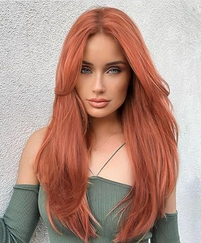 VEBONNY Kupferrote Bob Lace Perücke mit Pony, Synthetische Auburn Ginger Geschichtete Perücken für Frauen, Natürlich Gerade Klebstofffreie Schulterlange Lace Front Perücke, 16 Zoll VEBONNY-806