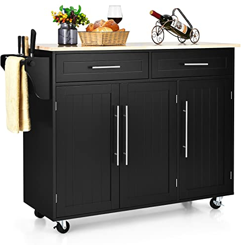 GOPLUS Desserte Îlot de Cuisine Desserte à roulettes Chariot de Cuisine en Bois avec 2 Placards Étagère 2 Niveaux Réglables et 2 Tiroirs, Porte-Serviettes, 122 x 46 x 93 CM, Noir