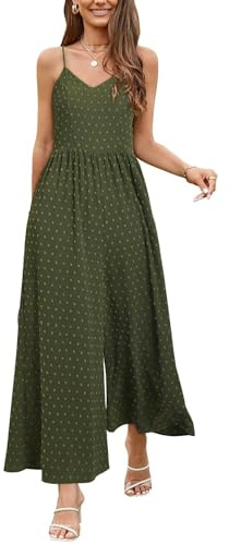 LAISHEN Jumpsuit for Women UK Playsuits Wide Leg Dressy Pants Overall Ladies Summer Casual Dungarees Romper with Pockets (Army, M)