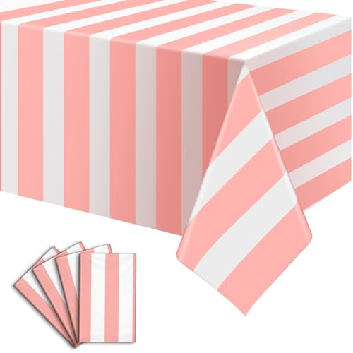 4 Stück rosa und weiß gestreifte Tischdecke, 137 x 274 cm, wasserdichte Einweg-Kunststoff-Tischdecke, rechteckige Tischdecke für Geburtstag, Babyparty, Mädchengeburtstag, Party-Dekoration