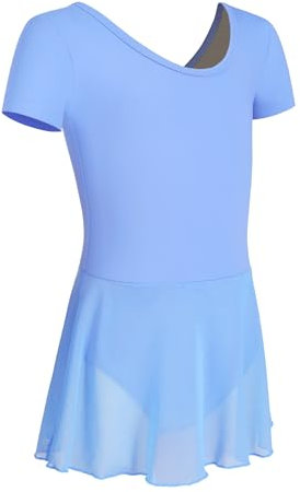 HIPPOSEUS Ragazza Vestito da Balletto Manica Corta Tutu Body Danza Leotard per Balletto Bambina Vestito Ginnastica con Tulle Gonna,7023-Blu,4-5 anni