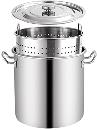 Commercial Stainless Stockpot with Strainer Basket and Lid - Heavy Kettle Outdoor Turkey Fryer Pot Steamer Stock Pot Cookware for Boiling, 3Size / Siliver / 45x45cm