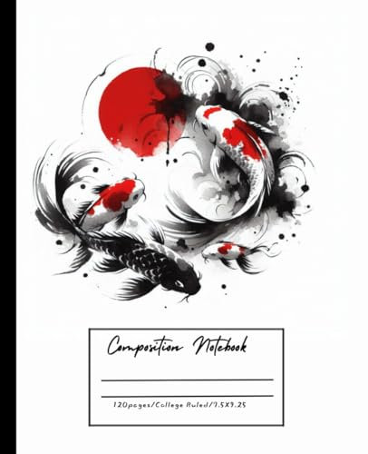 Composition Notebook Sumi e Japanese Style: Unique ink wash traditional brush painting Illustration Notebook, black, white & red watercolor composition Notebook Koi Fish college ruled Journal