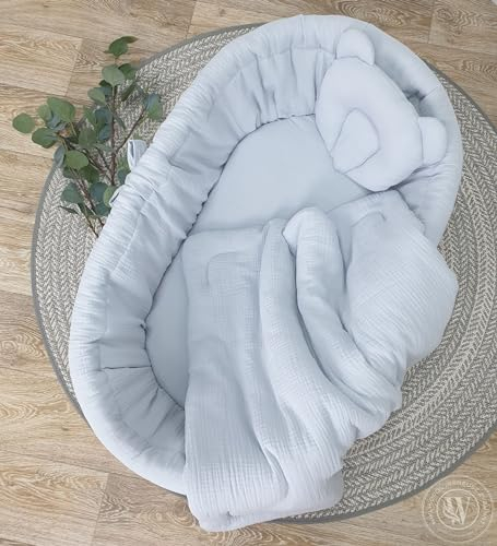 Wiklinopol Bettwäsche-Set 4-TLG. für Babys- & Kinder, Musselin Bettwäsche für Kinderbetten, Bettbezug mit Bettlacken in der Farbe Hellgrau
