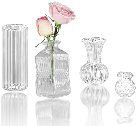 MIUPOO Sehr Kleine Vase,Mini Kleine Glasvasen Blumenvasen Mini Vasen Set für Tischdeko Tafelaufsätze Hochzeitsdeko Wohnzimmer Couchtisch Badezimmer,5cm,4 Stück Unterschiedliche Vasen