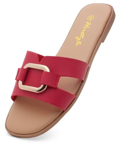 Herstyle Sandalias planas para mujer 2025 – Sandalias casuales de moda cuadradas con cadena de metal, plantilla de espuma viscoelástica, sandalias elegantes sin cordones para el verano, Fucsia, 38.5