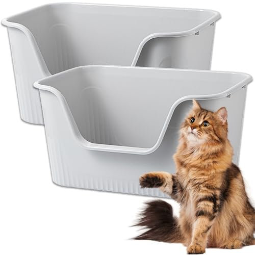 Vealind High Sided Cat Litter Tray with Low Access 2 Pack, 100% Leak Proof Anti Splash Deep Cats Litter Box (Grey + Grey)