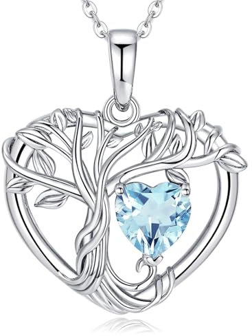 LOCIBLO Tree of Life Necklaces for Women 925 Sterling Silver Heart Pendant White Gold Light Blue Synthetic Aquamarine Necklace March Birthstone Jewellery for Her, 18+2