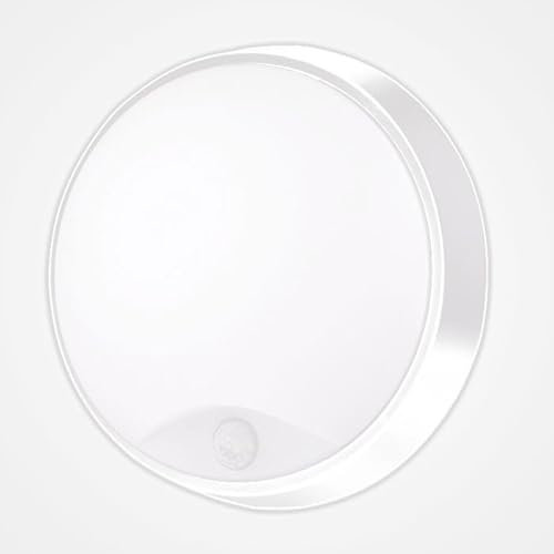 10W LED CCT Tri Colour IP65 Flush Wall Ceiling Mounted Round Circular White Bulkhead Light Fitting with Motion Sensor PIR for Indoor,Outdoor,Office,Hallway,Corridor,Utility,Garden,Shed,Workshop