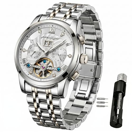 Verhux Herren-Armbanduhr, automatisch, mechanisch, mit blauem Zifferblatt, multifunktionales Display, silber- und goldfarbenes Armband, elegantes und aufwendiges Design