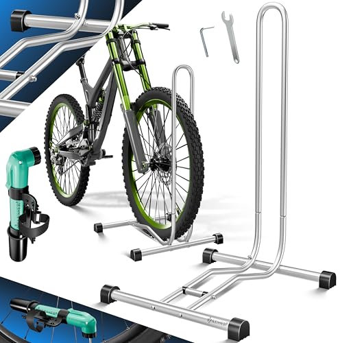 KESSER® Fahrradständer Boden einzeln für Mountainbike, E-Bike, Citybike, Rennrad, MTB | Fahrrad Montageständer | Freistehender Fahrradhalter Ständer Eisen | Reifenbreite bis 65mm | Inkl. Luftpumpe