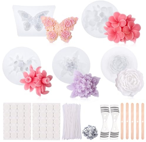 Halinuia Set of 5 Silicone Candle Moulds Set 3D Silicone Rose Hydrangea Rose Peony Candle Mould Candle Accessories Gift for Thanksgiving Christmas Anniversary Mother's Day