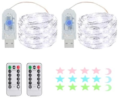 2 Stück LED Lichterkette, 100LED 10M / 34Ft 8 Modi USB lichterkette außen/innen Wasserdichte mit Fernbedienung für Schlafzimmer, Hof, Hochzeit, Weihnachten, DIY etc (weiß)