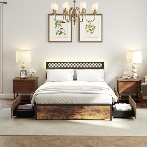 Multigot Double/King Size Bed Frame with RGB LED Lights, Charging Station, 4 Underbed Drawers and Headboard, 4FT6/5FT Metal Slat Support Platform Bed, Industrial Mattress Foundation (King-5FT)