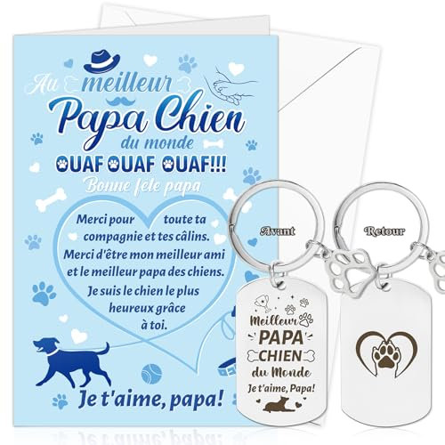 DPKOW Chien Papa Cadeau Fete des Peres, Bonne Fête Papa Carte avec Enveloppe Chien Papa Porte-Clé Cadeau par un Chien Fête des Pères Porte Cles Carte Meilleur Papa Chien du Monde Cadeau