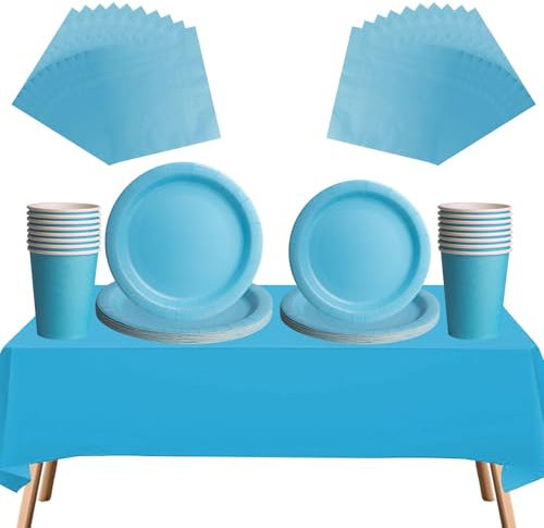 Service de table jetable bleu de 69 pièces – 20 serviettes, 16 tasses, 16 assiettes de 17,8 cm et 22,9 cm, 1 nappe bleue | Vaisselle biodégradable pour anniversaires, mariages, fêtes de Noël d'enfants