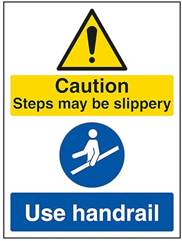 V Safety Caution Steps May Be Slippery/Use Handrail 150 x 200mm - 2mm Rigid Plastic Safety Sign