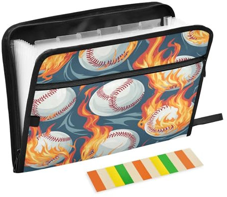 13 Pockets Expanding File Folders with Labels A4 Letter Size Paper Accordion Document Organizer with Zipper Office School Red Flame Baseball
