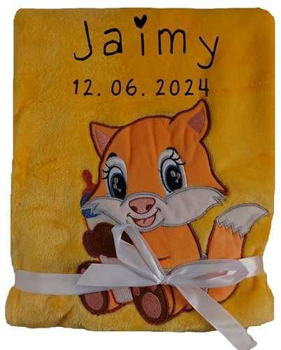 Wuff-Dogsworld Personalisierte Babydecke mit Namen und Geburtsdatum Bestickt, weiche Kuscheldecke, viele Motive & Farben, Geschenk zur Geburt für Mädchen & Jungen (gelb Fuchs)