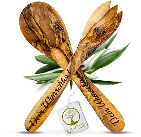 OLIQUE Salatbesteck personalisiert, Olivenholz - Handgemachtes Salat Besteck Set mit Gravur als individuelles Geschenk (21 cm)