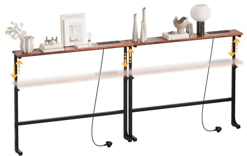 Luxstein 2 Pack Slim Console Table, 200cm Height Adjustable Behind Sofa Table with Charging Station for Hallway, Entryway, Living Room, Rustic Brown