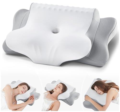 Oreiller Ergonomique Cervical, Coussin Memoire Forme adapté aux Personnes Dormant sur Le Côté, Le Dos et Le Ventre, Oreiller Cervical avec Taie d'oreiller, 64x39x10/13 cm, Gris Blanc