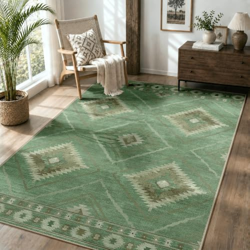 DEFYNEE Teppich Wohnzimmer 120 x 180 cm, Waschbare Teppiche, Salbeigrün | Vintage Wohnzimmerteppich, waschbar, OEKO, Retro, Rutschfest Kurzflor Weich für Schlafzimmer, Esszimmer, Küche, Büro