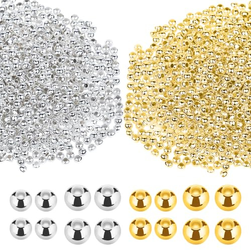 2200 Stück Gold Silber Abstandshalter Perlen - Premium Metall Rundperlen für DIY Armband Halskette Herstellung, Schmuck Bastelbedarf, Anlaufgeschützte Eisenkugelperlen in Zweifarbig (2,4mm/3,2mm)