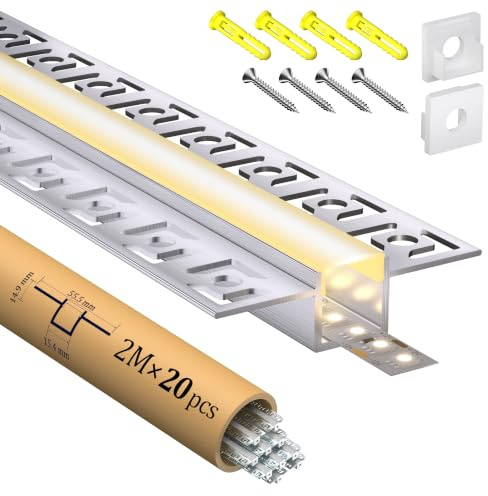 LASLUX LED 2m × 20 – Alu Unterputz Profil 55.5x14.9mm für Streifen bis 12mm – Led unterputz profil trockenbau Aluminium Profile Schiene Kanäle Leiste Diffusor mit Abdeckung & Clips