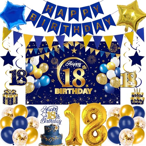 Deko 18. Geburtstag Junge Luftballon - 32 StüCk Blau Golden Happy Birthday Banner Luftballons Wimpel Tortendeko Ballon Zum 18. Jahre Banner FüR Jungen Party Geburtstagsdeko Dekoration