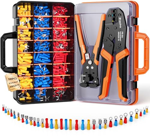 Preciva Crimpzangen Set, Ratschen-Crimpzange + Automatische Abisolierzange + 380-teiliges Kabelschuh Sortiment (0,5-6mm²) – Komplettes Kabelverbinder Set für KFZ, Elektrik & Heimwerker