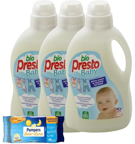 Bio Presto Detersivo Bucato Delicato per Capi dei Bambini – Pack 3×1,5 L – Uso Lavatrice e Mano – Formula Delicata Senza Coloranti – 40 Salviettine Sole Luna in Omaggio