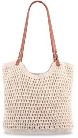 Synther Crochet Beach Bags for Women, Straw Beach Bag with Zip, Large Capacity Summer Bohemian Woven Tote Bag Handbags Shoulder Bag Knit Tote Bags for Travel Holiday Shopping