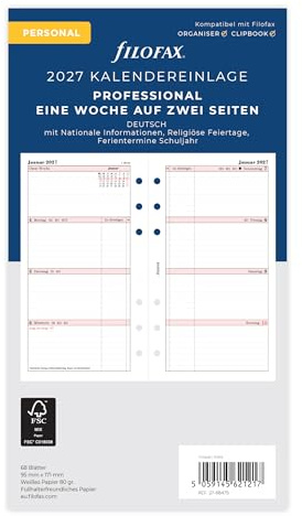 Filofax Kalendereinlage Personal Professional 1 Woche auf 2 Seiten deutsch 2027