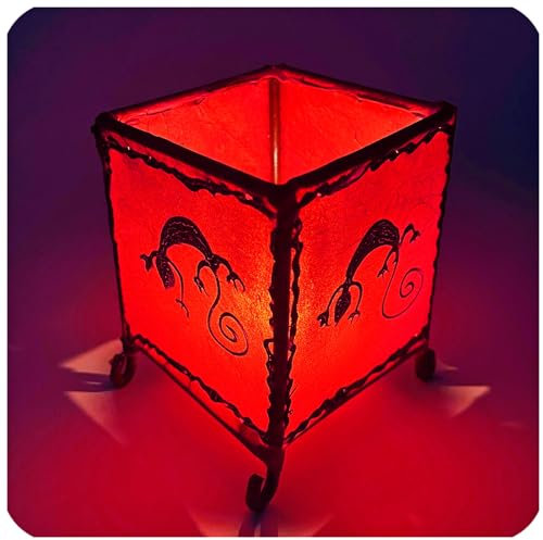 Windlicht Teelichthalter Kerzenhalter aus Leder Orient marokkanisch Deko Gecko Color Rot