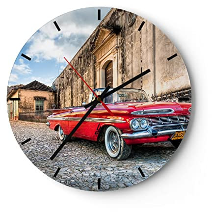 Modern Wanduhr Auto Klassiker Kuba Chevrolet 30x30cm Rund Klein Wand Uhr Glas Analog Zimmeruhren Küche Büro Wohnzimmer Glasuhr Wall Clock Dekoration Design Wanddekoration Küchenuhr C3AR30x30-0506
